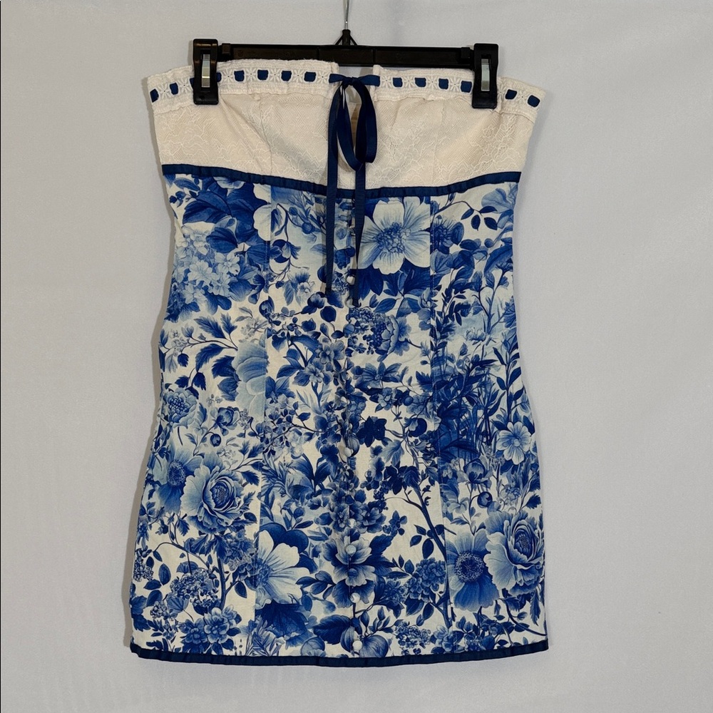 NWT Anthropologie Maeve Tie Front Mini Dress Size S Blue Floral Toile Print